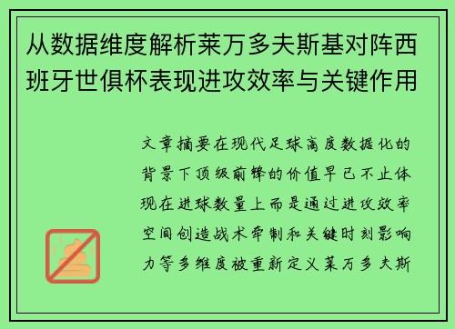 从数据维度解析莱万多夫斯基对阵西班牙世俱杯表现进攻效率与关键作用