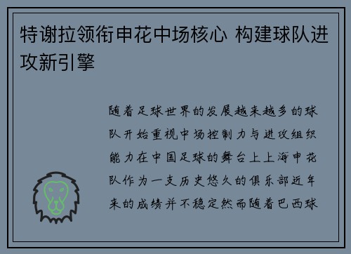 特谢拉领衔申花中场核心 构建球队进攻新引擎